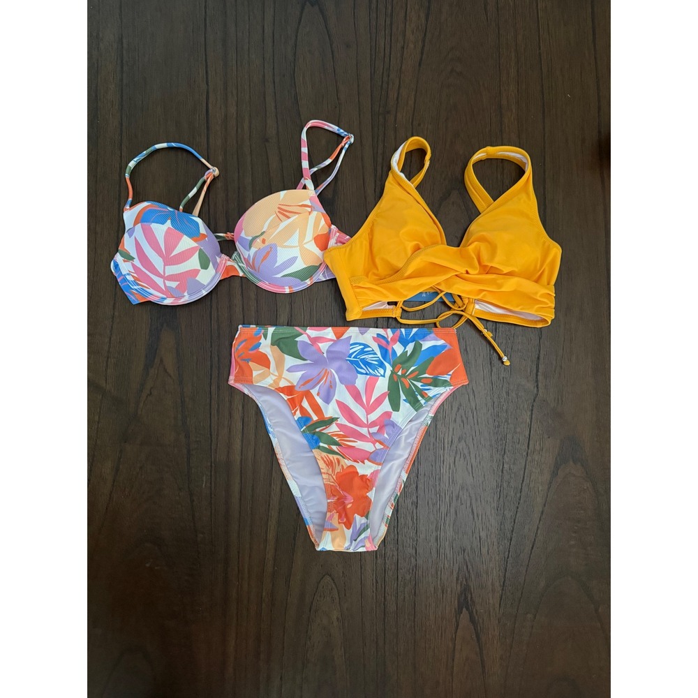 Cupshe 3pc Bikini Set Tropical Floral High Waisted Tummy Control Yellow M NEW